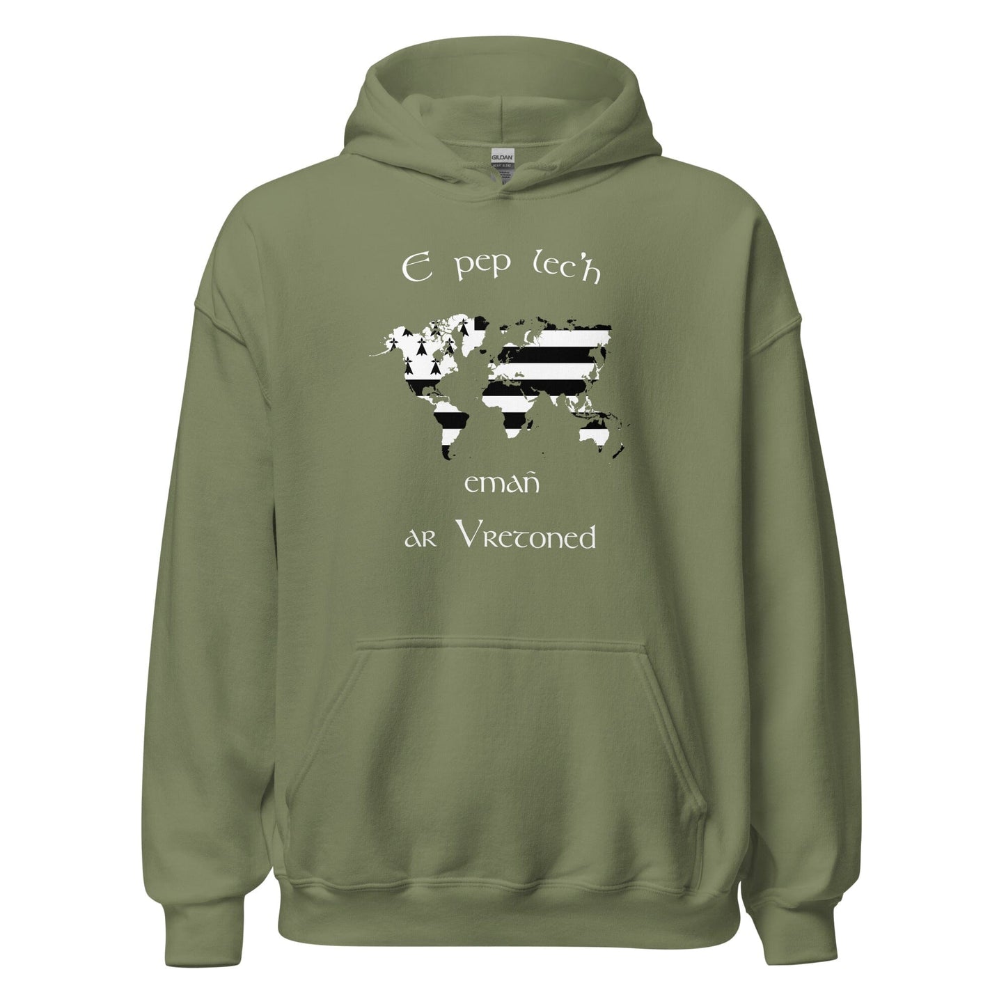 Sweat à capuche unisexe E pep lec'h emañ ar Vretoned sweatshirt Bevet Breizh Vert Militaire S