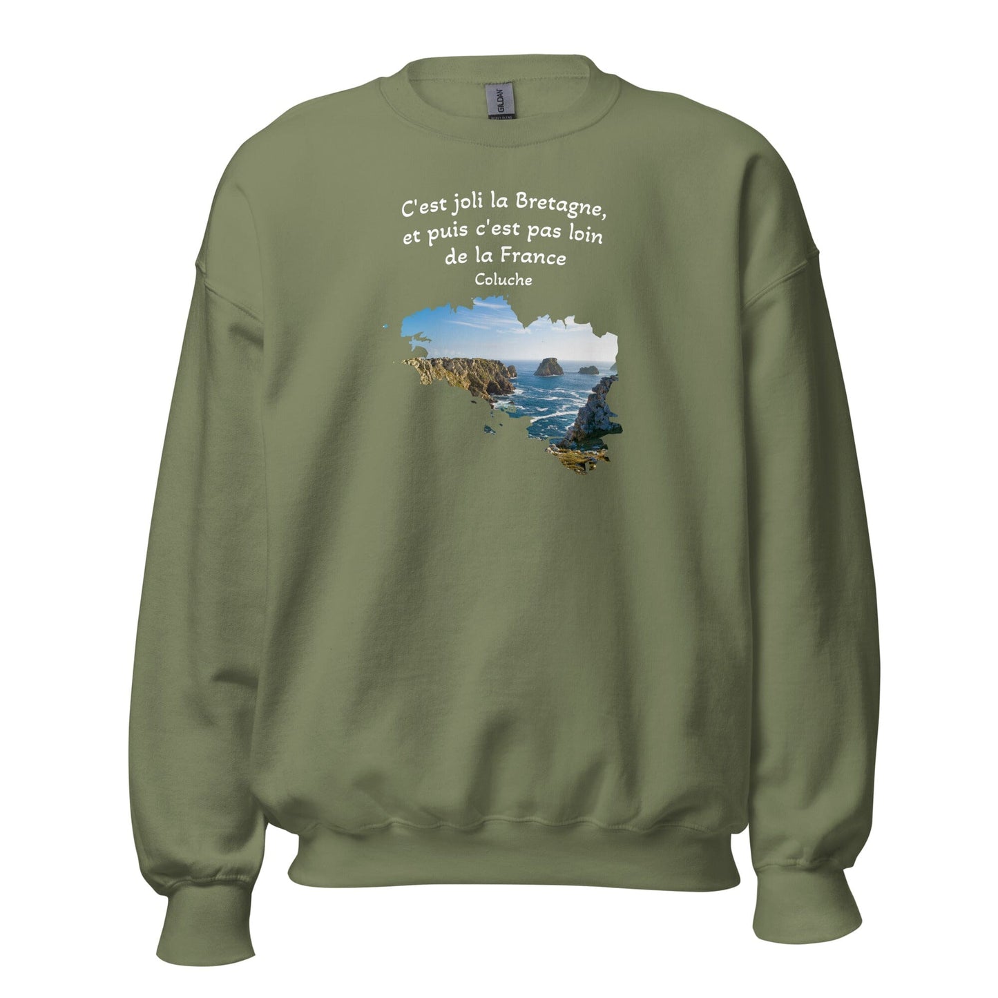Sweatshirt Unisexe à Col Rond c'est joli la Bretagne Coluche sweat-shirt Bevet Breizh Vert Militaire S