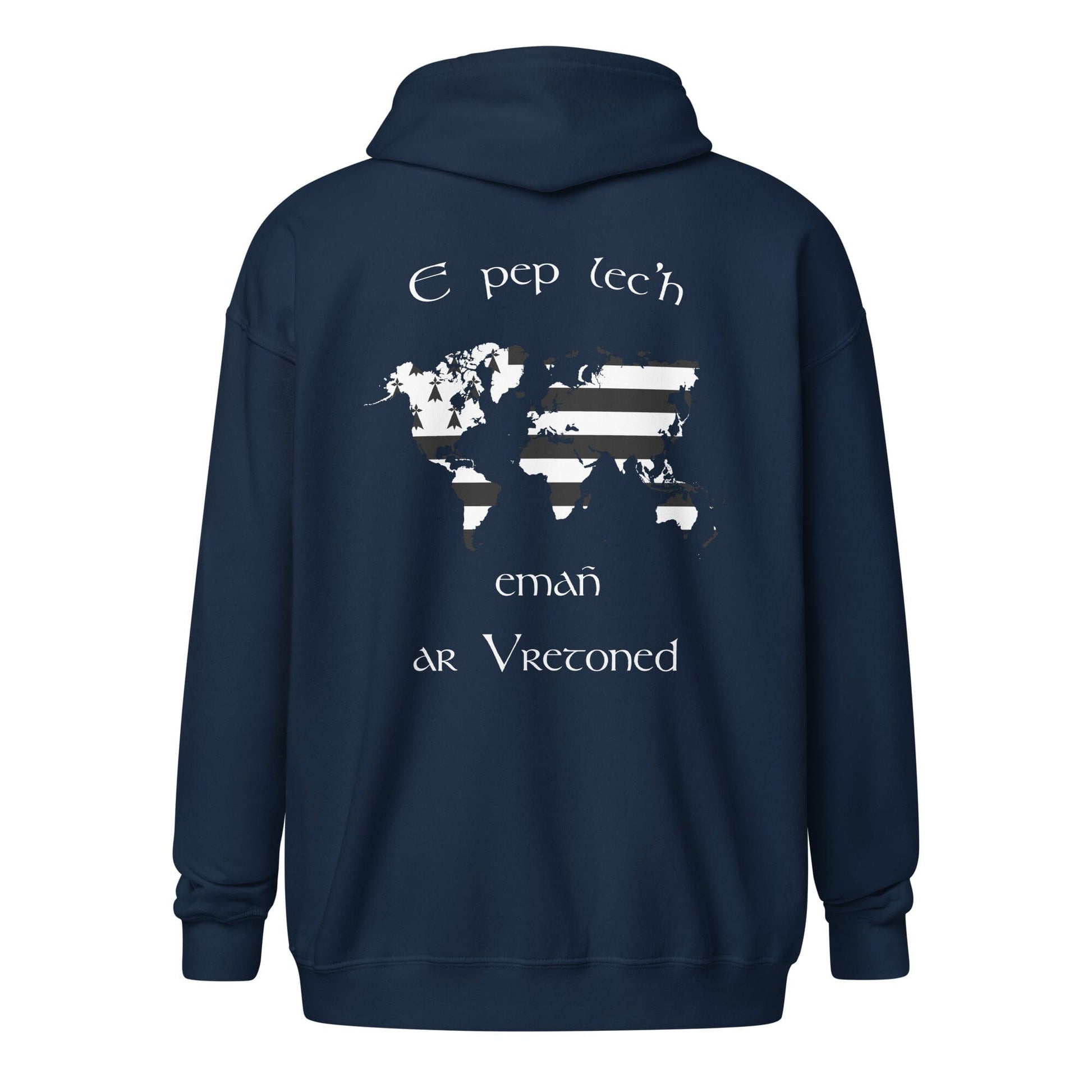 Sweat à capuche e pep lec'h emañ ar Vretoned avec fermeture éclair sweat-shirt Bevet Breizh Bleu Marine S 