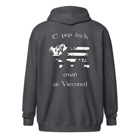 Sweat à capuche e pep lec'h emañ ar Vretoned avec fermeture éclair sweat-shirt Bevet Breizh Gris Foncé Chiné S 