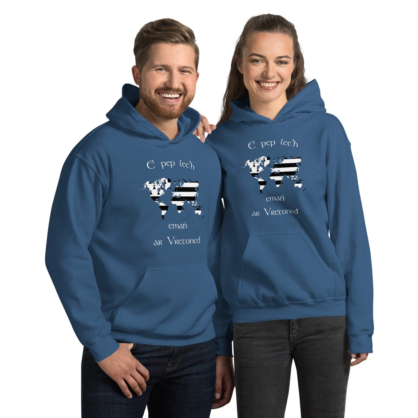 Sweat à capuche unisexe E pep lec'h emañ ar Vretoned sweatshirt Bevet Breizh Bleu Indigo S 