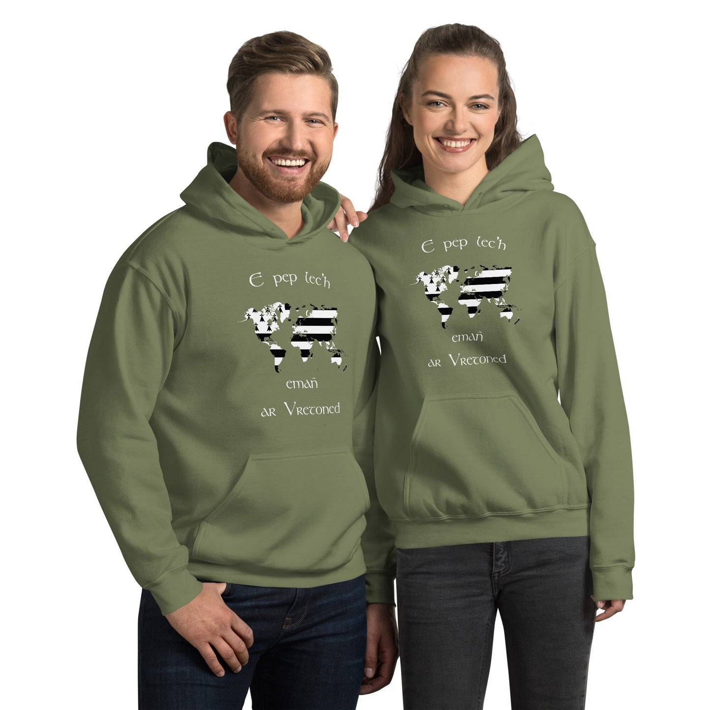 Sweat à capuche unisexe E pep lec'h emañ ar Vretoned sweatshirt Bevet Breizh Vert Militaire S 