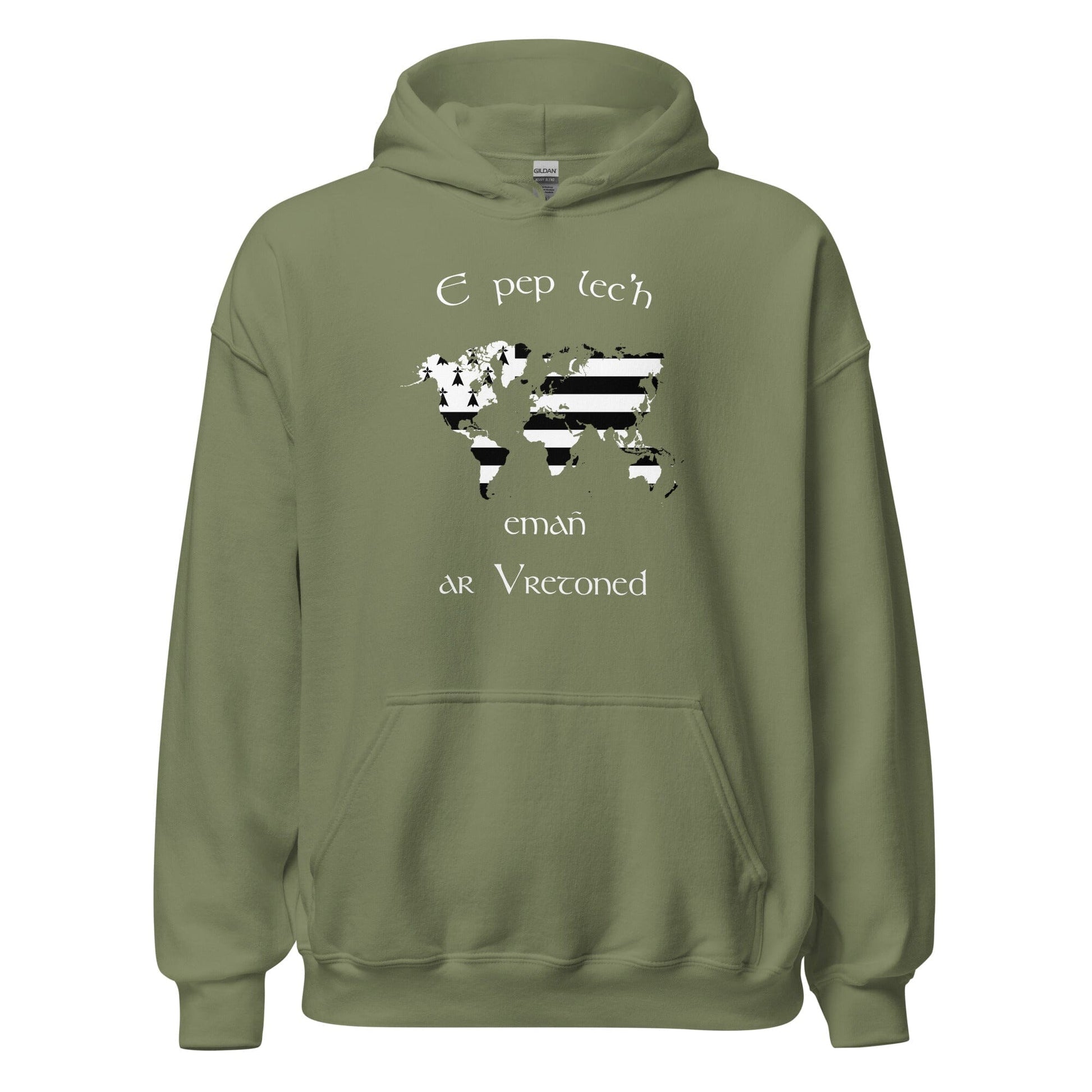 Sweat à capuche unisexe E pep lec'h emañ ar Vretoned sweatshirt Bevet Breizh Vert Militaire S 
