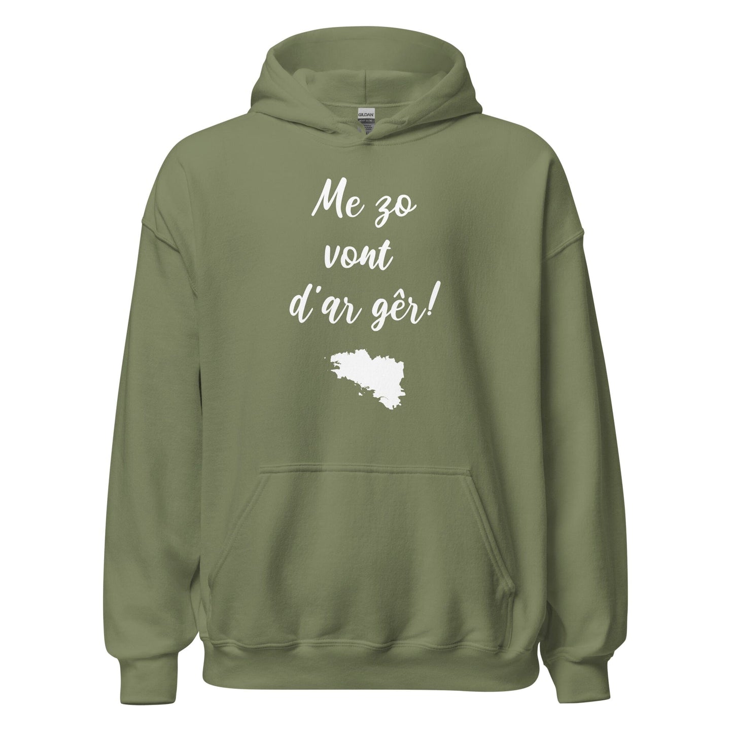 Sweatshirt unisexe à capuche Me zo vont d'ar gêr sweatshirt Bevet Breizh Vert Militaire S 