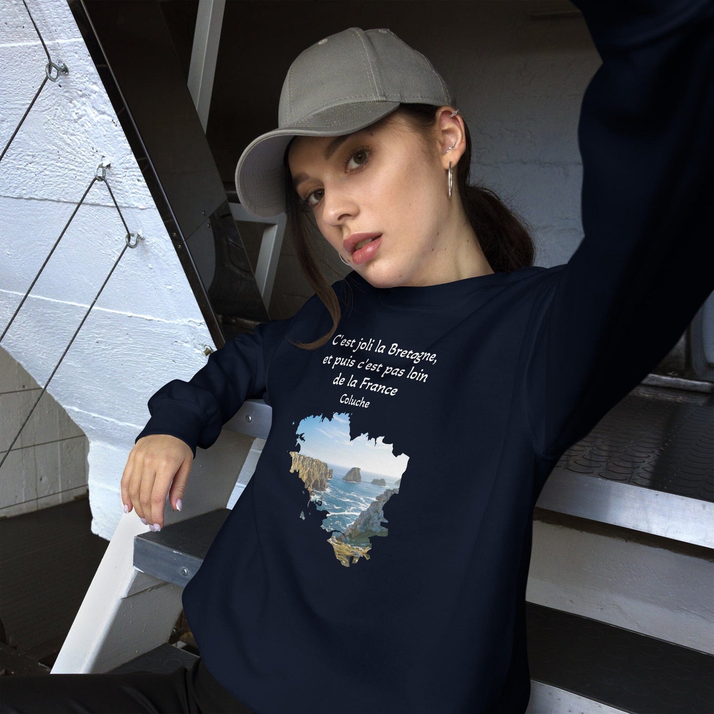 Sweatshirt Unisexe à Col Rond c,est joli la Bretagne Coluche sweat-shirt Bevet Breizh Bleu Marine S 