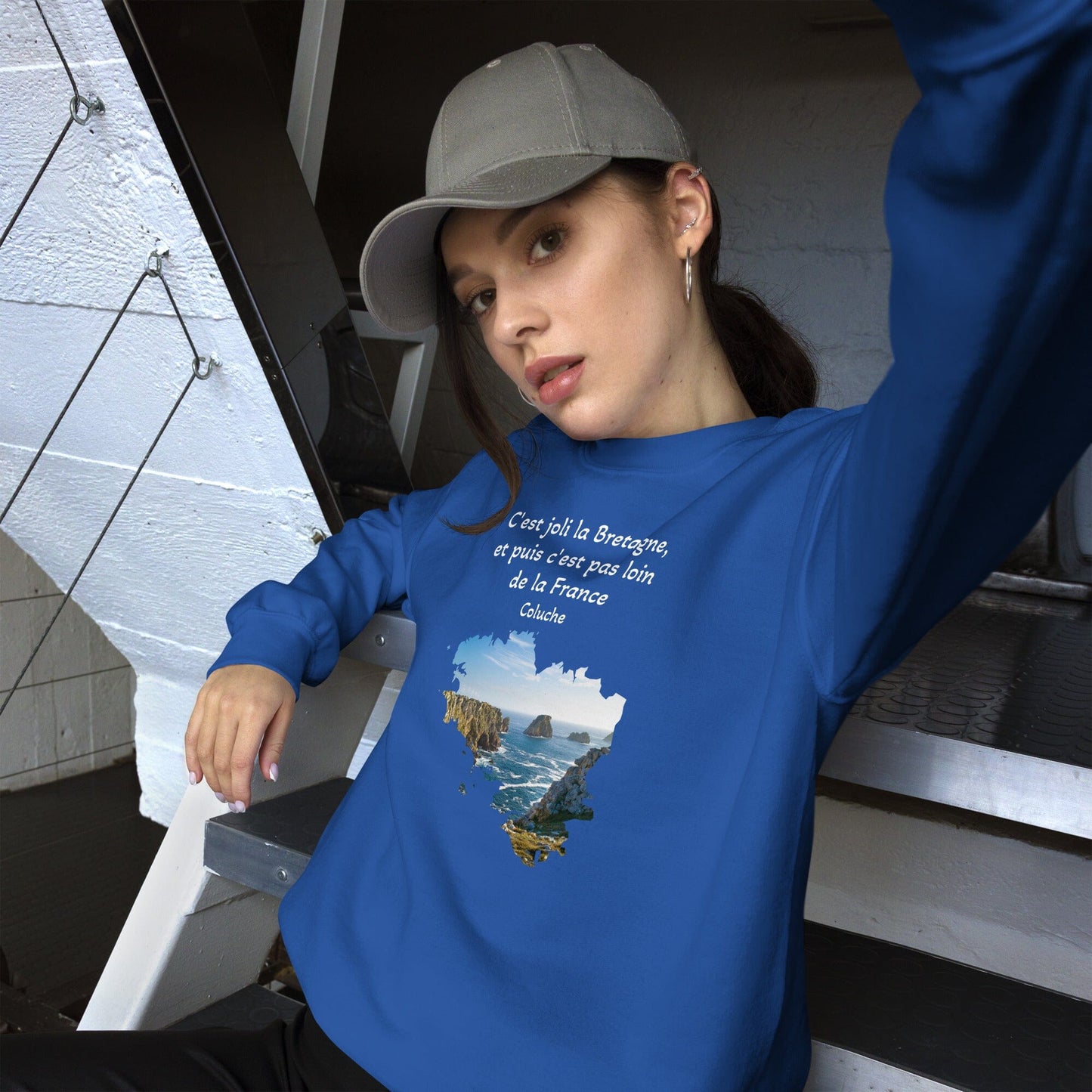 Sweatshirt Unisexe à Col Rond c,est joli la Bretagne Coluche sweat-shirt Bevet Breizh Bleu Roi S 